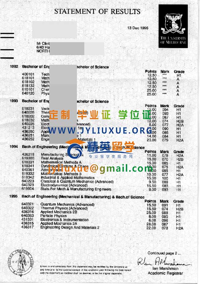 澳大利亚墨尔本大学成绩单范本